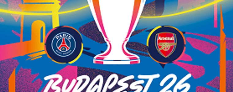 Cúp Champions League đặt trên bục trước màn hình mùa giải 2026/27 trong không gian lễ bốc thăm ánh đèn xanh trắng của UEFA